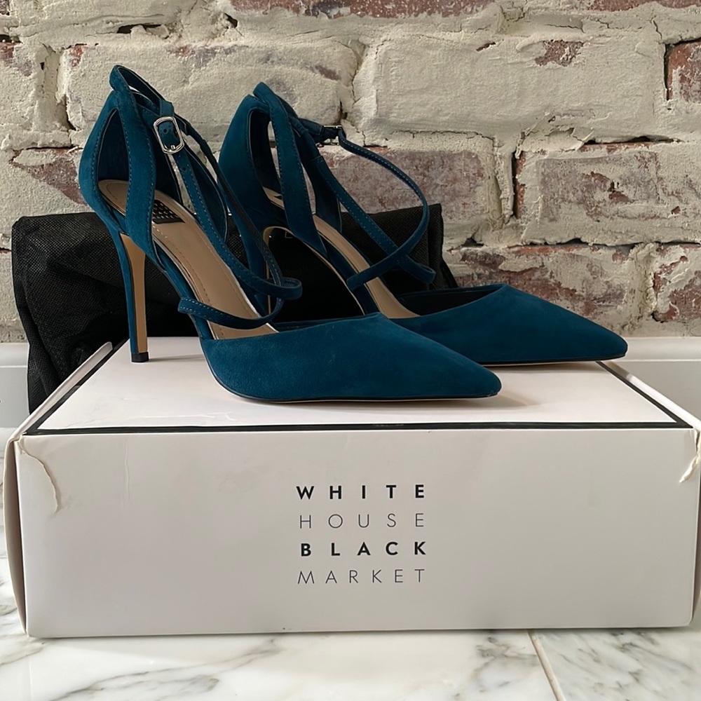 White House Black Market Kai Strappy River Teal Suede Pump size 8